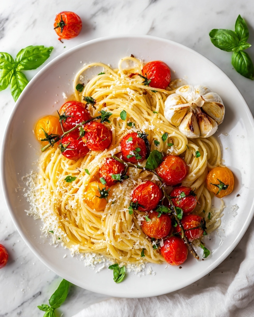 A white plate filled with three small piles of spaghetti, light yellow in color, spread evenly across the center. Roasted red and yellow cherry tomatoes, some still on the vine, are placed around and on top of the spaghetti, adding bright red and orange tones. A whole roasted garlic bulb is positioned near the top right side of the plate. Fresh green basil leaves are scattered in several spots for a fresh, vibrant touch. There is a small sprinkle of shredded white cheese on the bottom left side. The plate is sitting on a white marbled surface. photo taken with an iphone --ar 4:5 --v 7