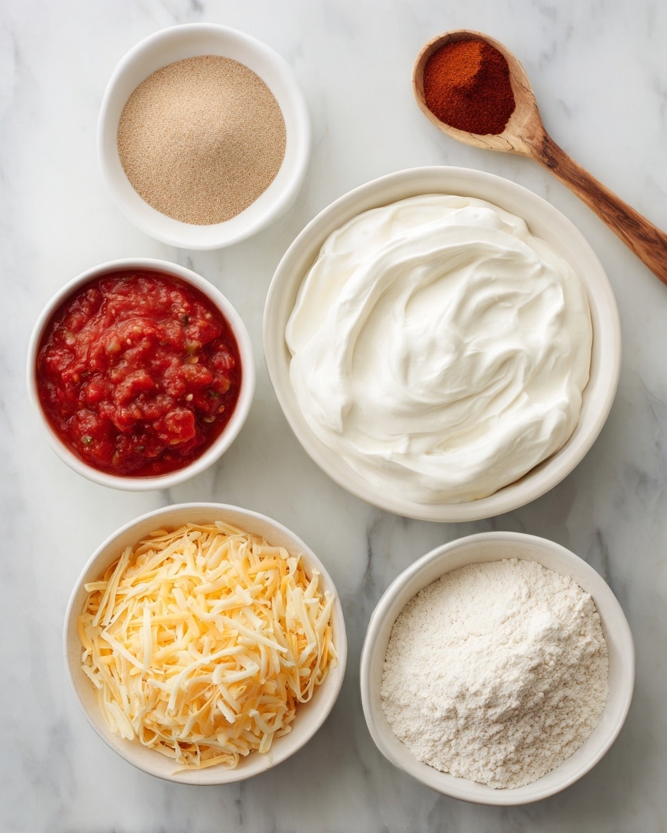 The image shows five white bowls with different ingredients on a white marbled surface. The largest bowl in the center holds a thick, creamy white layer of sour cream with smooth swirls. Below it, a bowl contains a layer of shredded yellow cheddar cheese with a textured, slightly uneven surface. To the left, a bowl is filled with bright red chunky salsa showing bits of tomato and pepper. Above that, a bowl contains a light brown, fine powder that looks like taco seasoning. On the right, a bowl holds light beige flour with a small wooden spoon resting on top, adding a rough texture. Photo taken with an iphone --ar 4:5 --v 7