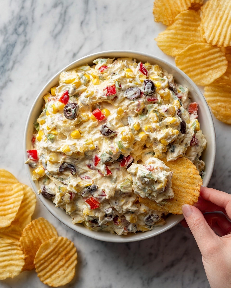 A bowl of creamy dip filled with colorful ingredients like yellow corn, red bell peppers, and black olives, giving it a chunky texture. The dip is placed in a white bowl that sits on a white marbled surface, with some wavy potato chips spread around it. A woman's hand is holding one potato chip dipped into the creamy mix, showing its thick and rich texture. The colors of the ingredients contrast nicely with the light cream base, making the dish look fresh and tasty. Photo taken with an iphone --ar 4:5 --v 7