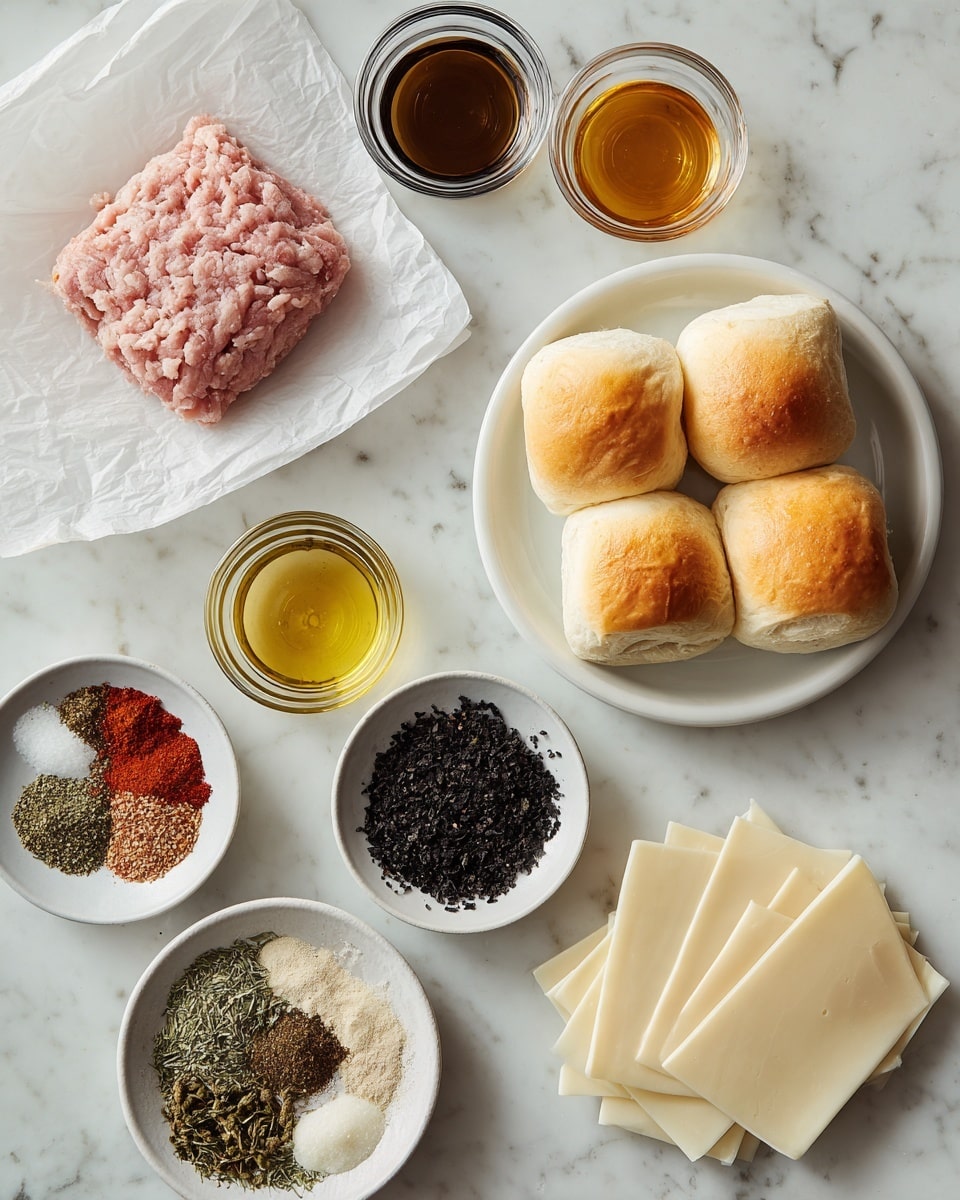 The image shows a flat lay of cooking ingredients on a white marbled surface. On the top left, there is a piece of light pink ground meat placed on white parchment paper. In the center, a white plate holds six small soft bread rolls with a light brown crust. To the right of the plate, there are two small clear glass bowls containing dark brown and light golden liquids. Below these, a small white dish has black and green dried spices. At the bottom right, a white bowl holds several thin, pale slices of cheese. At the bottom left, another white bowl contains a colorful mix of dried spices arranged neatly in small piles showing red, green, white, and brown hues. Photo taken with an iphone --ar 4:5 --v 7