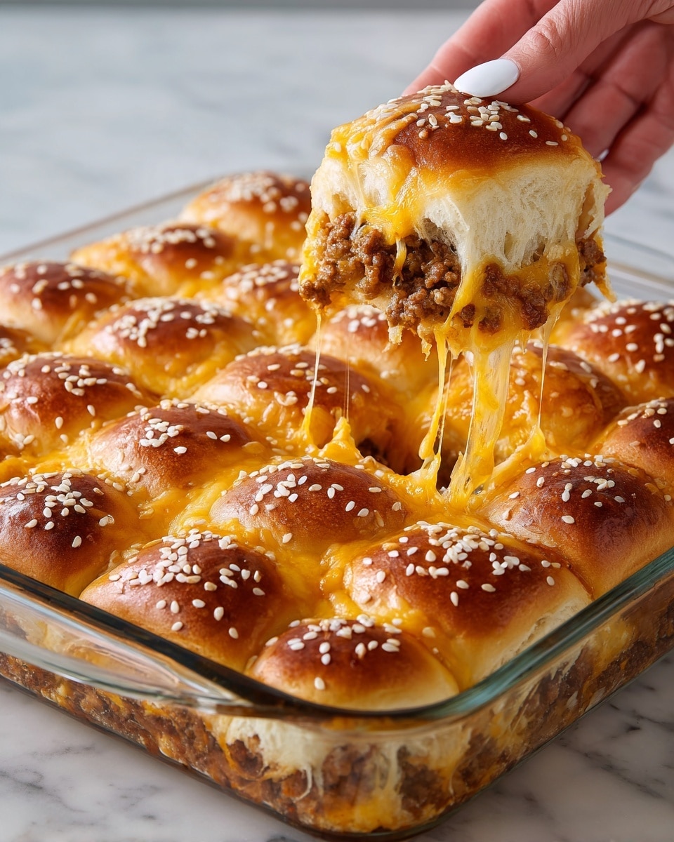 A clear glass baking dish holds a group of nine soft brown sandwich rolls with shiny tops sprinkled with white sesame seeds, arranged in a 3x3 grid. One roll is lifted by a woman's hand with white-painted nails, showing a thick, melted layer of bright orange cheesy filling with bits of cooked ground meat inside and stretchy cheese strands connecting the separated roll to the main batch. The interior of the rolls is fluffy and pale. The dish is set on a white marbled surface. photo taken with an iphone --ar 4:5 --v 7