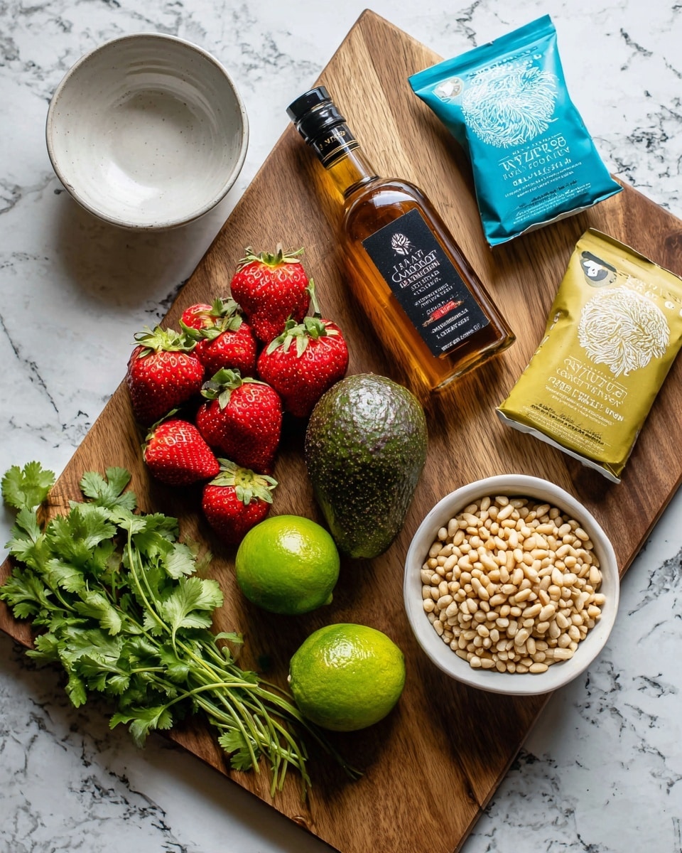 The image shows a wooden board on a white marbled surface with various cooking ingredients arranged neatly. On the left side, there is a small bunch of bright red strawberries with green leaves, next to a fresh green lime and a handful of vibrant green cilantro leaves. To the right of these, there is a dark green avocado with a rough texture. Behind these ingredients, there are two bottles standing, one with amber-colored apple cider vinegar and the other with extra virgin olive oil. Two large packets stand behind the bottles, one is blue and labeled granulated sugar, the other is yellow and labeled Israeli pearl couscous. In front of the packet, there is a small white bowl filled with light tan pine nuts. To the far left, there is an empty white bowl with a smooth surface. Photo taken with an iphone --ar 4:5 --v 7