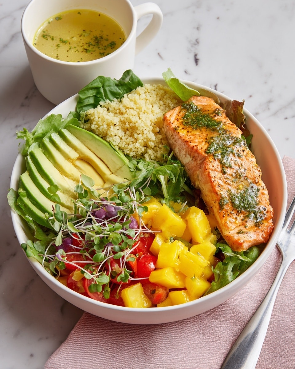 A white bowl sits on a white marbled surface, filled with five main layers arranged side by side: at the back, a grilled piece of salmon with a golden orange color and green herb sauce spots on top; next to it on the left, light yellow couscous with a fluffy texture lightly piled; on the far left, fresh green leafy lettuce forms a base; in front of the lettuce, thin slices of avocado arranged neatly, showing a light green to yellow gradient; and on the right of the salmon, bright salsa made from red tomatoes, yellow mango chunks, and green herbs, all topped with small green microgreens scattered over the avocado and couscous. Near the upper left corner, a white cup holds light yellow dressing with bubbles on the surface, and on the right side outside the bowl, a metal fork rests on a pale pink napkin. Photo taken with an iphone --ar 4:5 --v 7