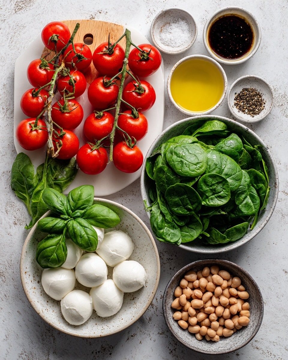 The image shows fresh ingredients arranged neatly on a white marbled surface. On the left side, two bunches of bright red cherry tomatoes on the vine rest on a light wooden board. Just below the tomatoes, there is a small bunch of fresh green basil leaves. To the right, there is a large white bowl filled with dark green fresh spinach leaves. Below the spinach bowl, small white mozzarella balls fill a gray bowl, and next to it, light brown beans fill another gray bowl. Small bowls hold yellow olive oil, light brown mustard, and a dark balsamic vinegar nearby. At the top center, a small white dish contains coarse salt and black pepper. The colors of the vegetables and seasonings are bright and fresh, contrasted against the clean white marbled background. photo taken with an iphone --ar 4:5 --v 7
