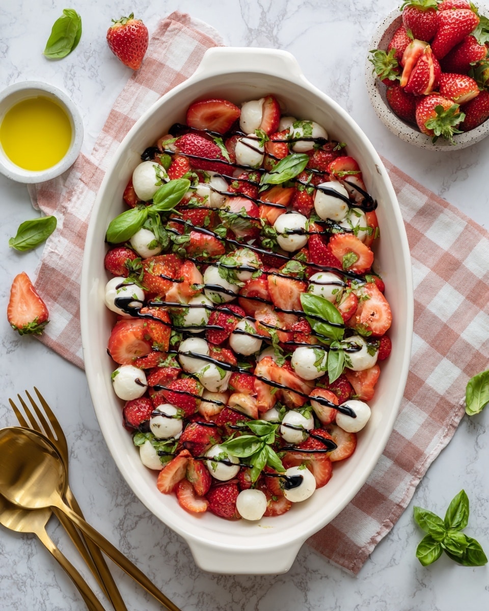 An oval white dish filled with a colorful salad featuring three main layers: the base is bright red sliced strawberries mixed with halved cherry tomatoes, the middle layer consists of scattered small white mozzarella balls, and the top layer is fresh green basil leaves spread evenly across the salad. The salad is drizzled with a dark balsamic glaze creating thin lines over the ingredients. The dish sits on a white marbled surface with a light pink-and-white checkered cloth underneath it, and nearby there is a small white bowl filled with sliced strawberries, a golden spoon and fork set, a small dish with yellow olive oil, and some fresh basil leaves scattered around. photo taken with an iphone --ar 4:5 --v 7