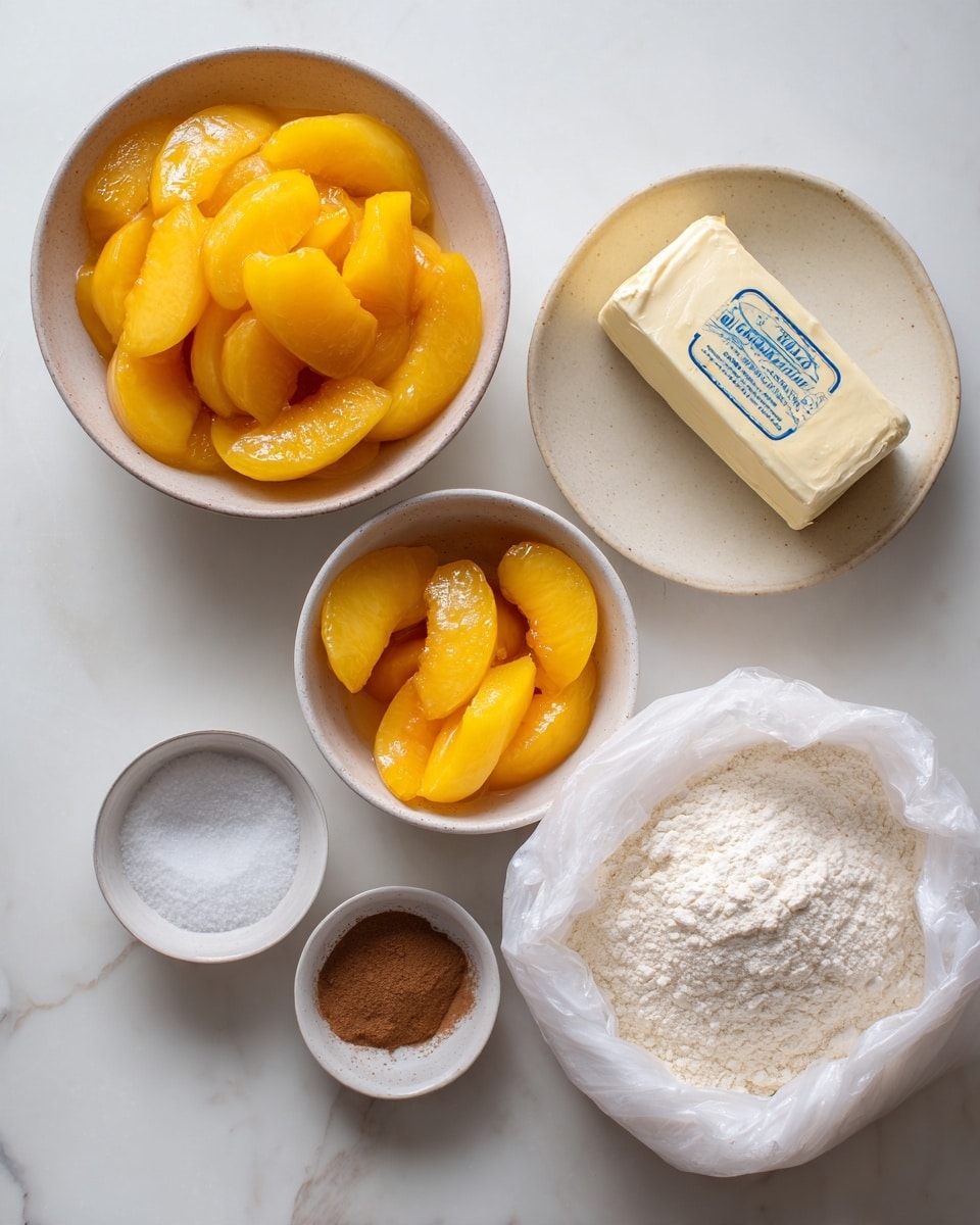 The image shows six items arranged on a white marbled surface: a bowl filled with bright yellow-orange sliced peaches in syrup at the top left, a smaller bowl with fewer peach slices below it on the right side, a rectangular block of wrapped butter with blue text on top center, a small white bowl of granulated white sugar near the bottom left, a small white bowl of cinnamon powder below the sugar bowl, and a large white bag of flour lying flat at the bottom right. The colors are soft and natural, with a clean look and a top-down view photo taken with an iphone --ar 4:5 --v 7