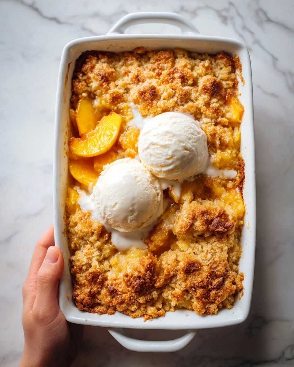 A white rectangular baking dish filled with a golden-brown peach cobbler. The top layer is a rough, crumbly, baked crust with an uneven texture, browned edges, and some openings revealing soft, bright orange peach slices underneath. Two rounded scoops of creamy white vanilla ice cream sit on the cobbler, slightly melting and dripping smooth white cream over the warm dessert. The dish is held by a woman's hand on a white marbled surface in soft natural light. Photo taken with an iphone --ar 4:5 --v 7