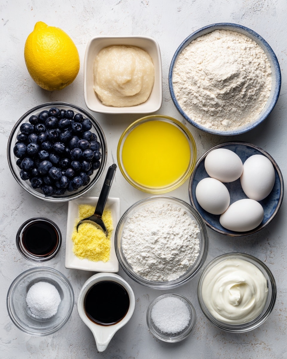 A white marbled surface holds 13 separate clear and white bowls and containers arranged neatly. Starting from the top left, there is a whole yellow lemon next to a small glass bowl with light beige smooth applesauce. Next to it, a larger clear bowl filled with light brown flour, beside a small white square bowl full of dark blue blueberries. Below, a small round clear bowl with yellow lemon juice sits next to a metal measuring spoon filled with yellow lemon zest, then a bigger clear bowl with white flour. To the right of the flour bowl is another clear bowl filled with thick white yogurt, next to two white eggs and a tiny clear bowl of dark vanilla extract. Below these, a very small clear bowl holds white salt, next to an empty small clear glass, a small white pour cup of milk, a small clear bowl with white powder, and a small white bowl with white sugar. Photo taken with an iphone --ar 4:5 --v 7