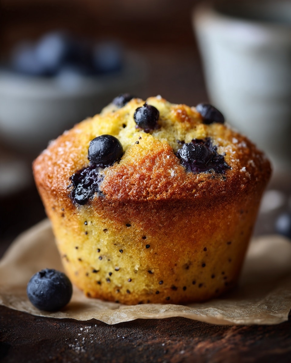 A single golden brown muffin with a slightly crisp top filled with whole blueberries partly baked into the surface. The muffin has a rough texture with small black seeds speckled throughout the light yellow bread. It sits on a piece of parchment paper on a dark wooden surface. The background is softly blurred, showing a white ceramic container. Photo taken with an iphone --ar 4:5 --v 7