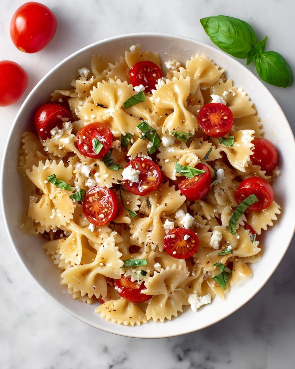 A white bowl filled with three layers of farfalle pasta, the pasta is light brown and cooked al dente, scattered evenly across the bowl. Among the pasta are halves of bright red cherry tomatoes placed on top and partly buried, their juicy, smooth texture contrasting with the rough pasta. Small chunks of white cheese are mixed in, visible near the edges and center, adding a creamy look. Thin green basil strips are sprinkled throughout, some resting on top, adding fresh color. The bowl is placed on a white marbled surface with two whole cherry tomatoes and some basil leaves nearby, creating a fresh and inviting look. Photo taken with an iphone --ar 4:5 --v 7