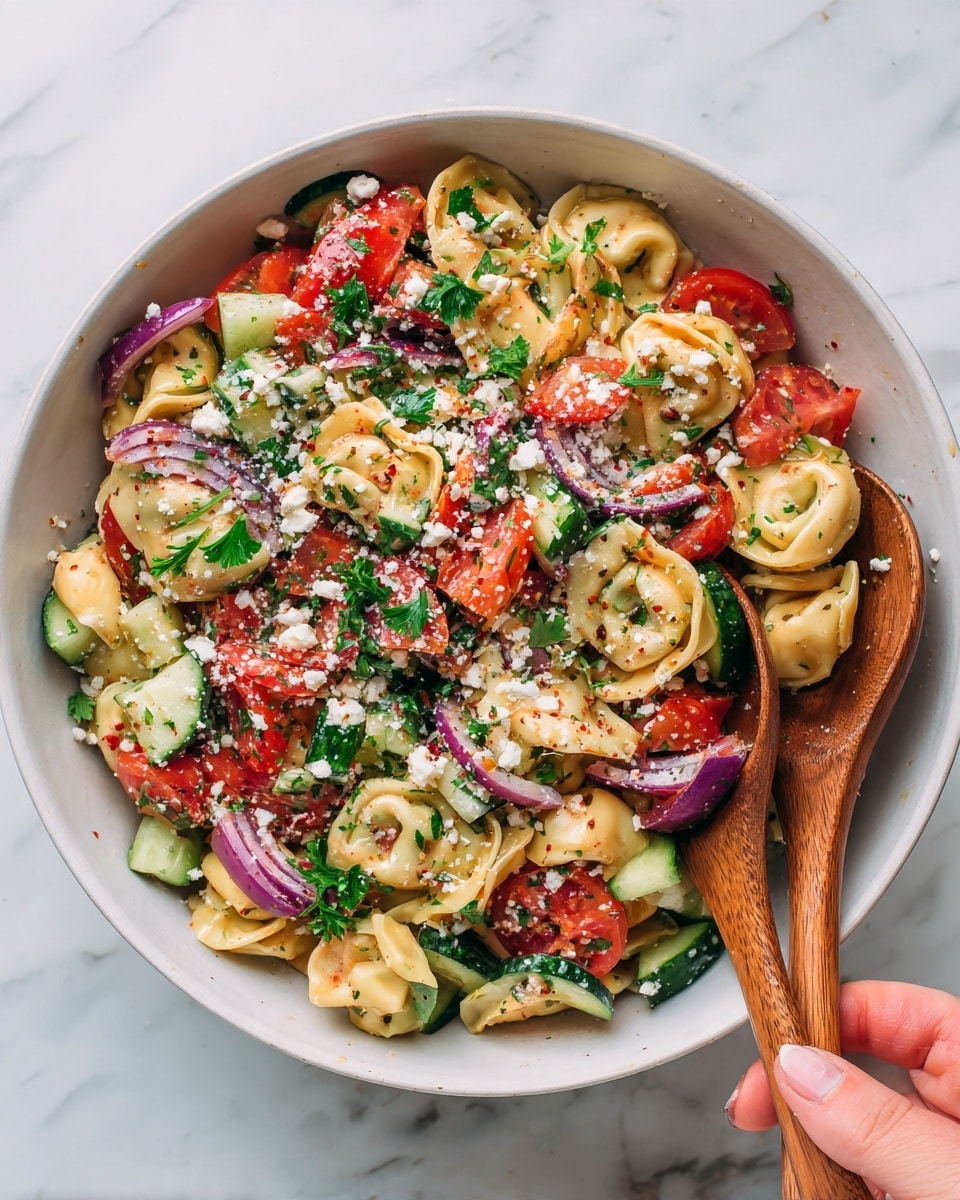 Creamy Greek Tortellini Pasta Salad with Feta and Vegetables Recipe