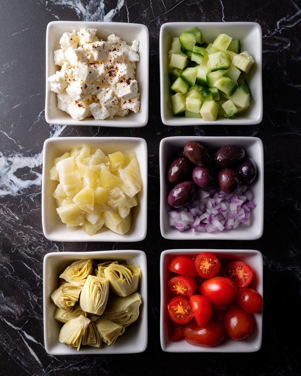 The image shows six small white square bowls arranged in two rows on a dark surface with a white marbled texture. The top row from left to right holds crumbled white cheese with some brown specks, dark purple sliced olives, and green diced cucumber pieces. The bottom row from left to right features bright red halved cherry tomatoes, pale yellow artichoke hearts with a soft texture, and finely chopped light purple onions. Each bowl is neatly filled, displaying fresh, colorful ingredients. photo taken with an iphone --ar 4:5 --v 7