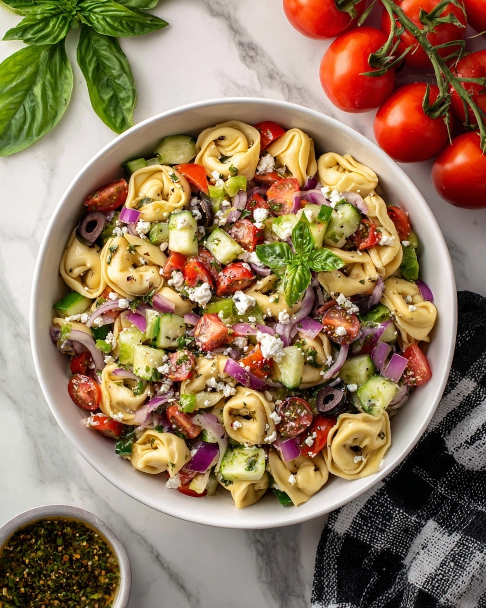 A white bowl filled with a colorful tortellini pasta salad showing three main layers: the bottom layer is light beige tortellini pasta rings, the middle layer has large pieces of green bell pepper and chopped light green cucumber, and the top layer includes bright red cherry tomato halves, purple chopped red onion, dark purple olive slices, small white crumbles of cheese, and fresh green basil leaves scattered on top. The bowl is placed on a white marbled surface next to a bunch of red vine tomatoes and a small white bowl with herb dressing, as well as a black and white checkered cloth partially visible at the bottom right photo taken with an iphone --ar 4:5 --v 7