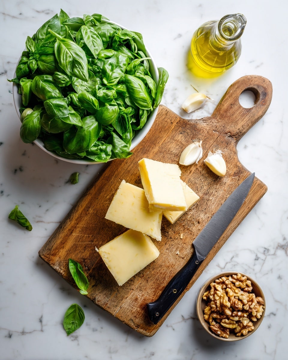 This image shows a wooden cutting board placed on a white marbled surface. On the left side of the cutting board, there is a white bowl filled with many fresh green basil leaves, giving a lush and vibrant look. To the right, there are several triangular pieces of pale yellow cheese stacked slightly on top of each other, next to a knife with a black handle and a silver blade resting on the board. Scattered around the board on the white marbled surface are some garlic cloves and a glass bottle with golden oil. A small bowl at the bottom right corner holds a layer of brown walnut halves, adding a rough texture contrast to the scene. photo taken with an iphone --ar 4:5 --v 7