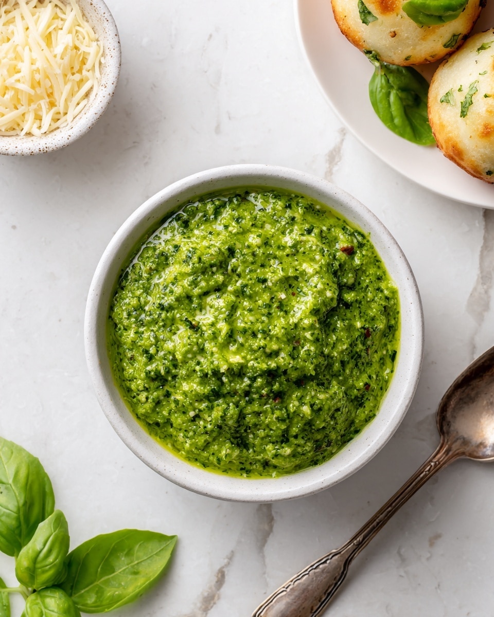 A white bowl filled with bright green pesto sauce that has a coarse, textured surface with visible small bits of herbs and nuts. The bowl is placed on a white marbled surface. To the top left, there is a small bowl with shredded cheese that is pale yellow, showing a soft texture. On the top right, part of a white plate is visible with three small round bread rolls that have a golden-brown color with melted cheese on top, next to fresh green basil leaves. A vintage silver spoon lies to the right side of the bowl. Photo taken with an iphone --ar 4:5 --v 7