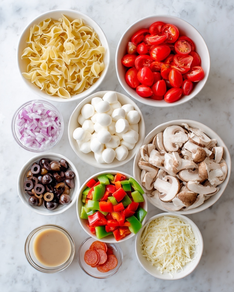 Several white bowls with different sliced ingredients are arranged on a white marbled surface. From top left, there is a bowl showing twisted pale yellow pasta. Next to it, on the right, is a bowl filled with sliced red cherry tomatoes. Below it is a bowl with sliced white mushrooms. Under this is a larger bowl with diced red and green bell peppers. To the left of that is a small bowl of finely chopped red onion rings. Below the onions is a bowl of thinly sliced small pepperoni rounds. Near the onions and mushrooms is a bowl filled with whole pitted black olives. To the left, a bowl of small white mozzarella balls. A small bowl of grated white cheese sits at the bottom right. A glass container with light brown dressing or sauce is at the bottom left. The colors are bright and fresh, and the arrangement is neat. Photo taken with an iphone --ar 4:5 --v 7