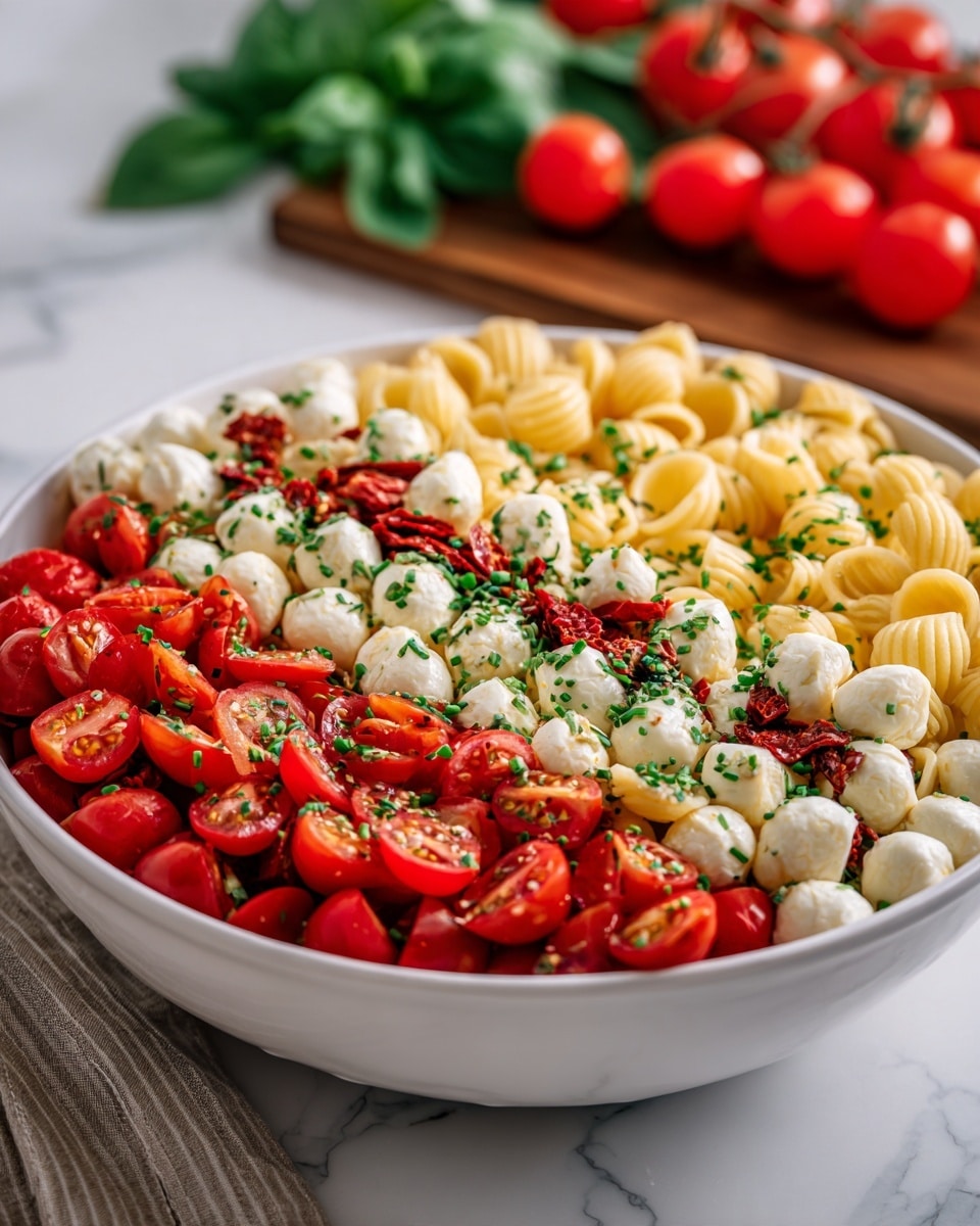 A white bowl filled with a pasta salad showing three main layers: the bottom layer is curved, short pasta pieces with a pale yellow color and a smooth texture, the middle layer is bright red cherry tomato halves and small deep red sun-dried tomato pieces, and the top layer is white small cheese balls sprinkled with finely chopped green herbs scattered evenly across the dish. The bowl sits on a white marbled surface and a wooden board with whole red tomatoes and green leaves is in the blurred background. photo taken with an iphone --ar 4:5 --v 7