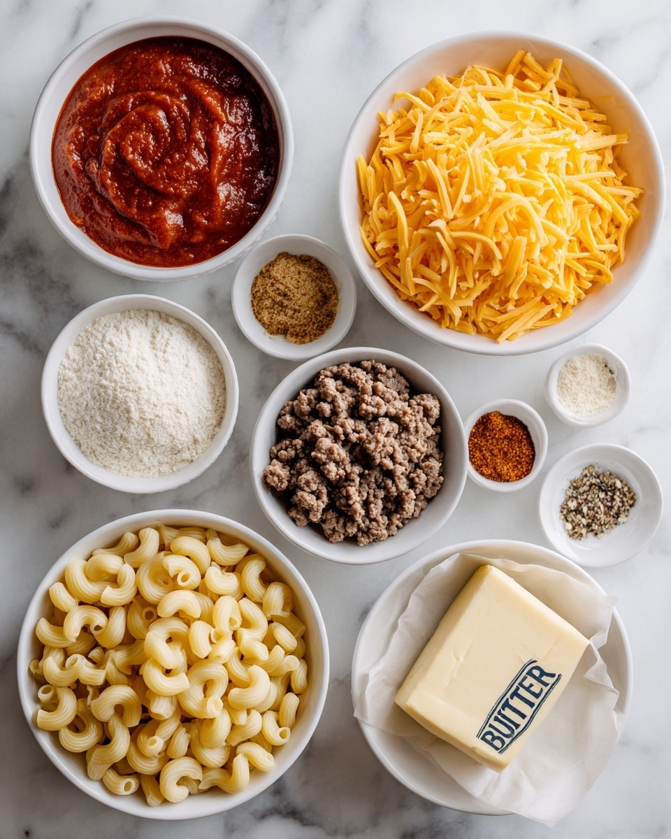 The image shows eight separate small white bowls placed on a white marbled surface, each holding one ingredient. Starting from the bottom, a bowl is filled with uncooked elbow macaroni pasta, light yellow in color and curved shapes. Above it is a bowl containing cooked ground beef, brown and crumbly with small evenly-sized pieces. To the left is a bowl of smooth, thick tomato sauce, dark red and spread evenly in the bowl. Above the beef is a large bowl holding shredded cheddar cheese, bright orange and thinly shredded. To the right of the cheese bowl are two small white bowls, the first containing a light beige powder and flakes, and the second holding a mix of reddish-brown spices. To the left of these small bowls is a white bowl filled with whitish flour powder, and at the top right is a stick of pale yellow butter wrapped in white paper labeled “BUTTER.” All bowls have simple, clear lines and the colors create a soft contrast on the clean white marbled surface photo taken with an iphone --ar 4:5 --v 7