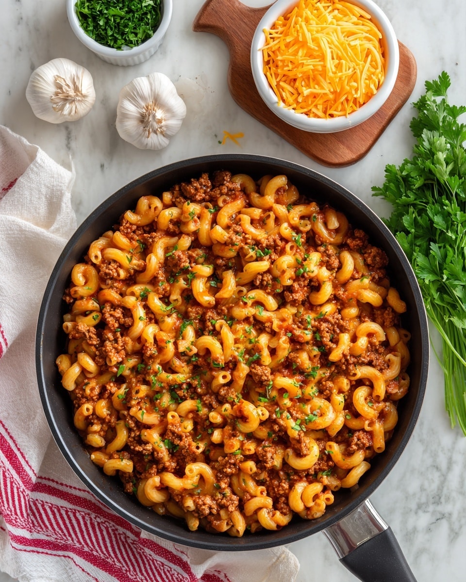 A black pan filled with creamy macaroni and ground meat in a reddish sauce, topped with shredded orange cheese and small green parsley pieces. The pan is placed on a white marbled surface with a white and red striped cloth partially visible on the left side. Above the pan, there are two small white bowls on a small wooden board—one bowl holds shredded orange cheese, and the other holds chopped green herbs. To the left, there are two bulbs of garlic and some fresh green parsley. Photo taken with an iphone --ar 4:5 --v 7