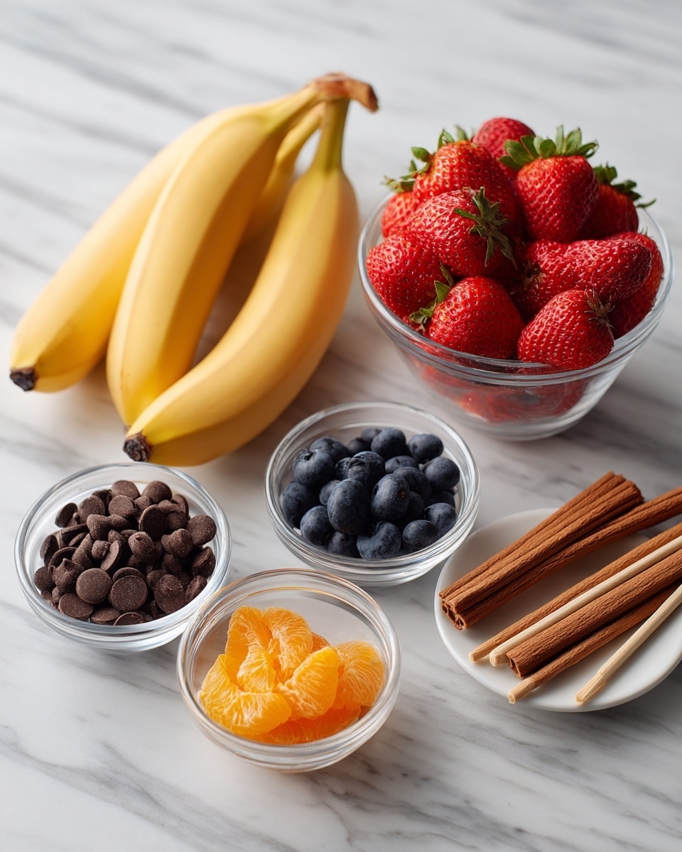 The image shows two yellow bananas placed on a white marbled surface next to five small clear glass bowls. The first bowl contains several whole red strawberries with green tops. The second bowl holds a few dark brown chocolate chips. The third bowl has three dark blue blueberries. The fourth bowl has a few thin orange strips. Next to these bowls is a small white plate with five brown stick-shaped snacks lined up neatly. Two light-colored wooden chopsticks rest diagonally near the bowls and plate. Photo taken with an iphone --ar 4:5 --v 7