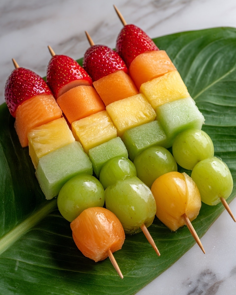 The image shows many fruit skewers placed in neat rows on a large green leaf on a white marbled surface. Each skewer has five layers: a bright red strawberry at the front, followed by an orange cantaloupe piece with a smooth texture, then a yellow pineapple chunk with a slightly rough surface, followed by a light green honeydew melon piece that is smooth, and finishing with a round green grape that is shiny. The colors range from red, orange, yellow, to different shades of green, making the skewers look colorful and fresh. photo taken with an iphone --ar 4:5 --v 7