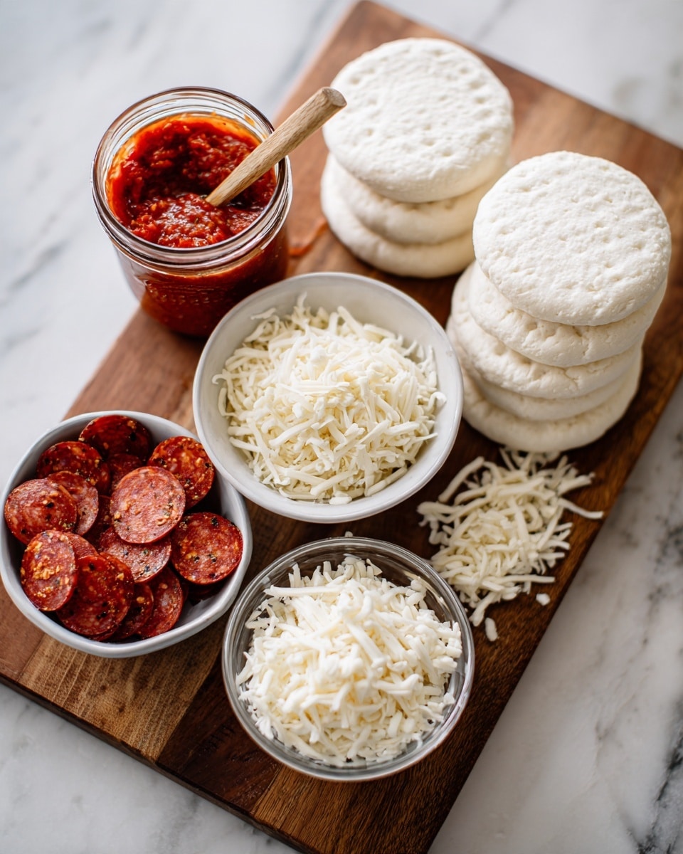 The image shows ingredients for making mini pizzas arranged on a wooden board over a white marbled surface. There are two bowls on the board: one with small round slices of pepperoni, dark red with specks of seasoning, and another with shredded white mozzarella cheese, fluffy and fine. Next to the bowls is a jar of bright red pizza sauce with a spoon inside. Several stacks of white, thick, round dough pieces with a textured pattern on the sides are also placed on the board, ready to be used. photo taken with an iphone --ar 4:5 --v 7