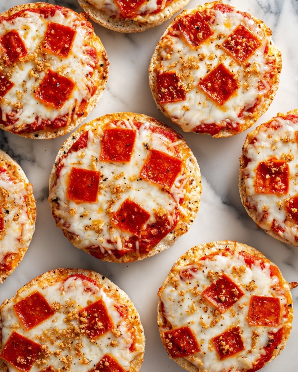 The image shows several small round pizzas on a white marbled surface, each with a golden brown crust. Each pizza has three layers: the bottom layer is a light brown baked crust, the middle layer is a vibrant red tomato sauce spread evenly, and the top layer is melted white cheese scattered with small square pieces of red pepperoni and tiny bits of brown crispy topping. The pizzas are close to each other, filling the frame but leaving some white marbled space visible around them, photo taken with an iphone --ar 4:5 --v 7