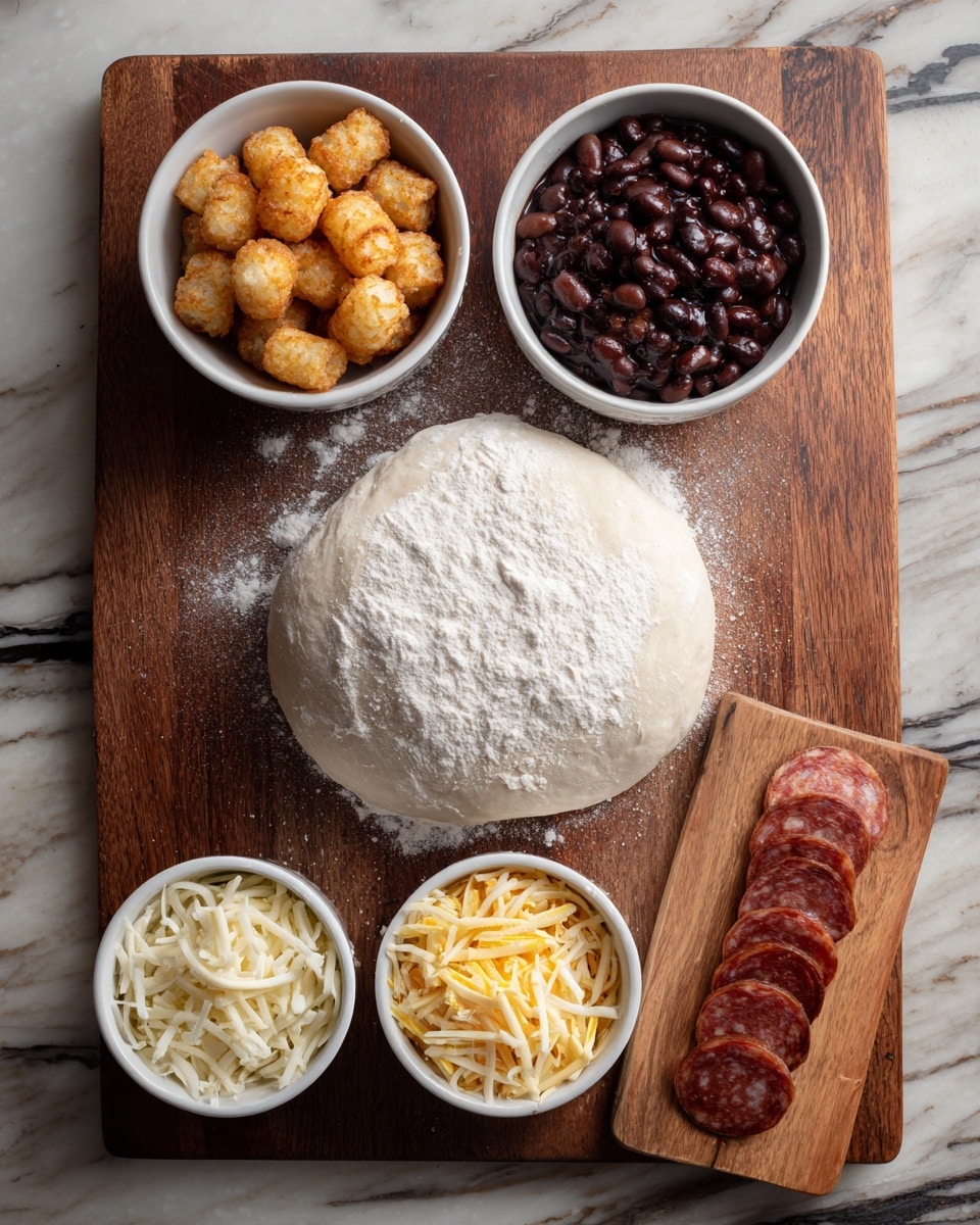 A wooden board holds a round dough ball dusted with flour at the center. Above it, three small white bowls are arranged in a row: the left bowl is filled with golden brown tater tots, the middle bowl has dark baked beans in sauce, and the right bowl contains shredded cheese in shades of white and yellow. To the right of the dough, there is a small wooden cutting board with sliced reddish-brown sausage pieces neatly placed. All items rest on a dark wooden surface now changed to a white marbled texture. photo taken with an iphone --ar 4:5 --v 7