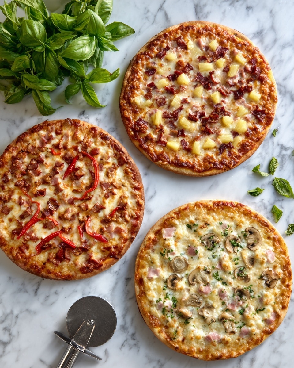The image shows three round pizzas placed on a white marbled surface. The top left pizza has a thin crust topped with red sauce, melted white cheese, red bell pepper strips, dark red pieces of meat, and small pineapple chunks evenly spread. The top right pizza also has a thin crust, covered with red sauce, melted white cheese, and diced light pink ham scattered across the surface. The bottom pizza has a light golden crust with red sauce, creamy white dollops of cheese, melted pale yellow cheese, sliced mushrooms, small green leaves, and tiny dark green capers spread around. To the left side, there is a bunch of fresh green basil leaves, and to the right, a metal pizza cutter lies on the surface. Photo taken with an iphone --ar 4:5 --v 7