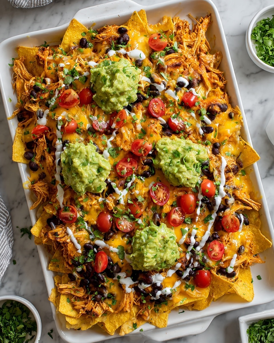 A white rectangular tray filled with a thick layer of yellow corn tortilla chips, topped with shredded orange chicken spread evenly. On top of that, there are black beans scattered all over along with chopped caramelized onions and halved bright red cherry tomatoes. Melted light yellow cheese is drizzled across the whole dish, with three dollops of bright green guacamole placed evenly. There are small white drizzles of sour cream and bits of fresh green herbs sprinkled on top. The tray sits on a white marbled surface, with parts of white bowls visible around the edges. photo taken with an iphone --ar 4:5 --v 7