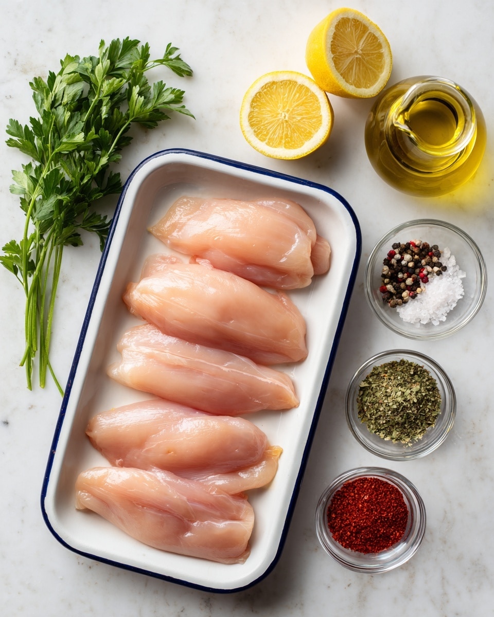 A white rectangular tray with a dark blue rim holds seven raw light pink chicken tender pieces arranged in two rows, placed on a white marbled surface. Above the tray are two lemon halves showing a bright yellow rind and pale yellow juicy interior. To the left of the tray, there are sprigs of green parsley. On the right side, a small clear glass jug filled with golden-yellow olive oil is next to two small clear glass bowls; one contains coarse black pepper, and the other has coarse pink salt. Below, three more small clear glass bowls contain minced garlic, red paprika powder, and dried green herbs respectively. The overall setting is clean and bright, showing fresh ingredients for cooking. photo taken with an iphone --ar 4:5 --v 7