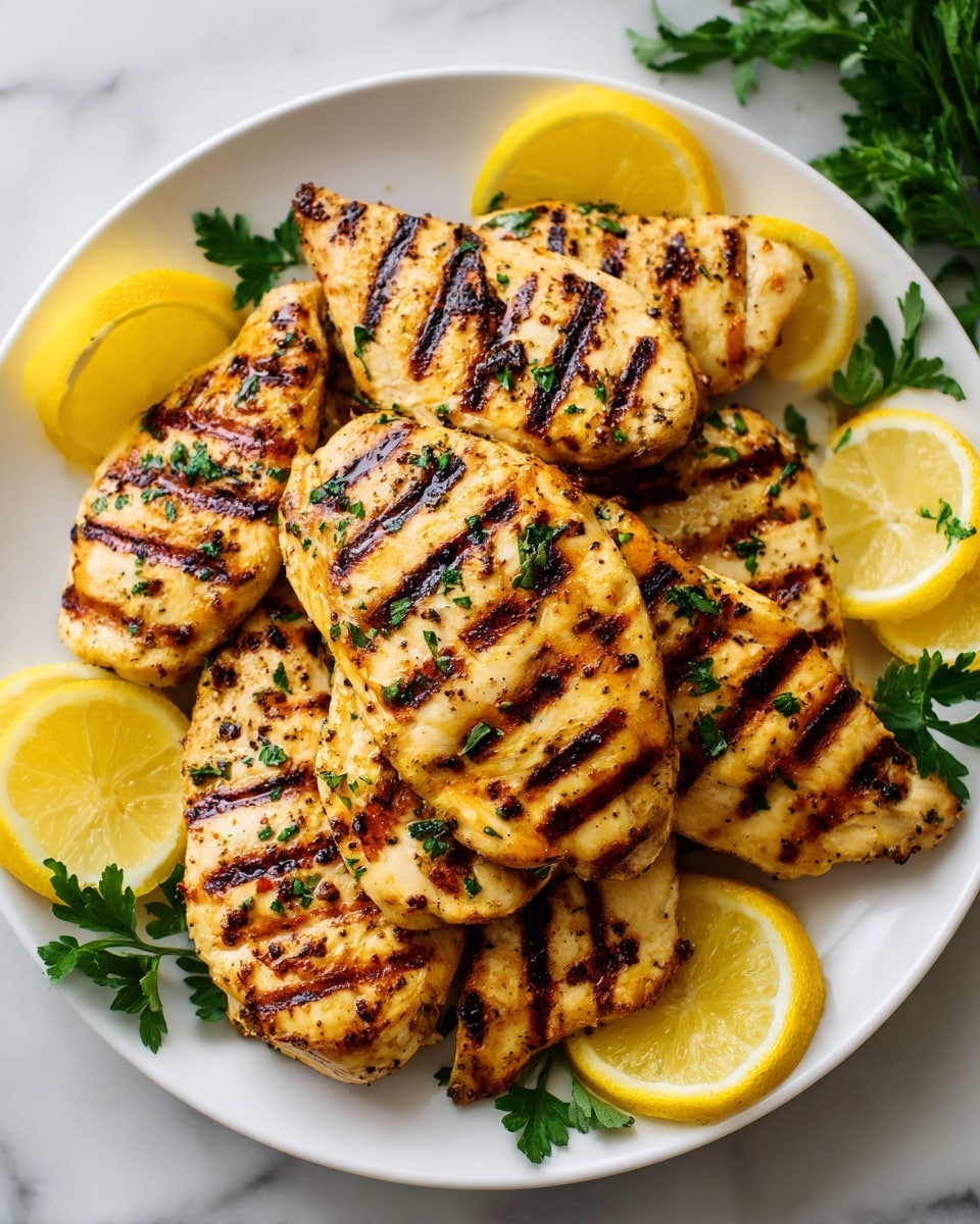 The image shows a white plate full of grilled chicken tenderloins arranged in several layers, each tenderloin having a light golden-brown color with clear dark grill marks in lines across the surface. The chicken pieces have specks of herbs sprinkled on top, adding green and black detailing. Around the edge of the plate are slices of bright yellow lemon, with green leafy parsley visible in the background on a white marbled surface. Photo taken with an iphone --ar 4:5 --v 7