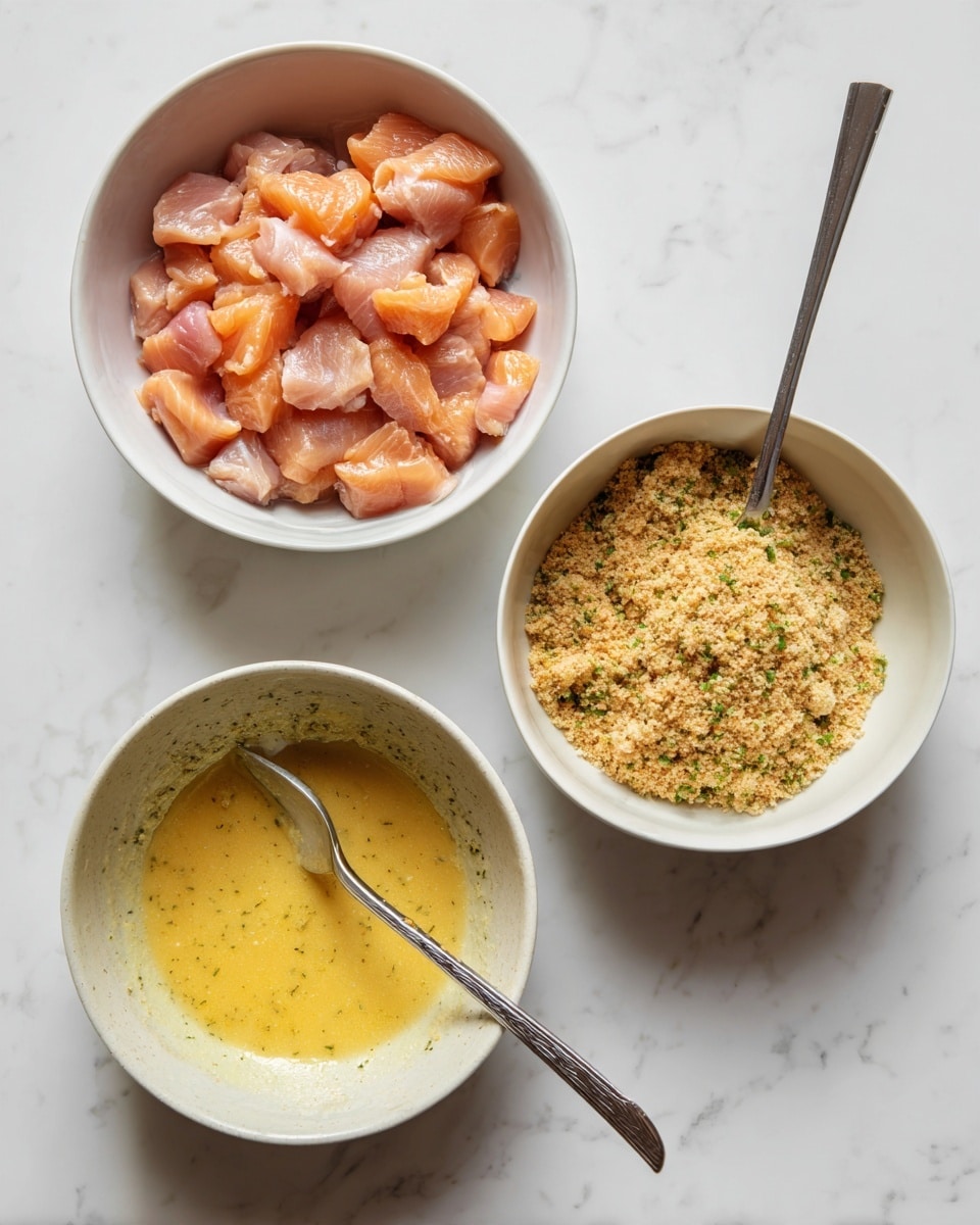 Three white bowls are placed on a white marbled surface. The first bowl on the left is filled with orange-pink raw chicken pieces, cut into small chunks. The bowl on the top right contains a light tan breadcrumb mixture with specks of green herbs visible throughout. The bowl on the bottom right holds a yellowish beaten egg mixture with a silver fork resting inside it. The arrangement is simple and clean, with a bright and natural light highlighting the textures well. Photo taken with an iphone --ar 4:5 --v 7