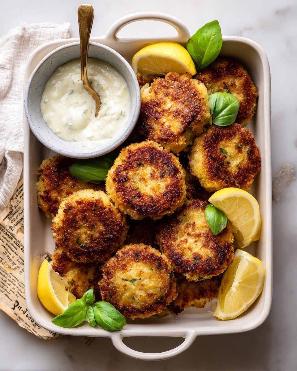 A white rectangular dish filled with a pile of golden-brown crispy round patties that have a rough, crunchy texture. There are three bright yellow lemon wedges placed around the patties, adding a fresh look. On the top left corner inside the dish, there is a small white ceramic bowl with a light gray rim holding a smooth white sauce with a golden spoon resting in it. A few fresh green basil leaves are placed near the lemon wedges for color contrast. The dish is set on a white marbled surface with a vintage-style paper underneath the left side. Photo taken with an iphone --ar 4:5 --v 7