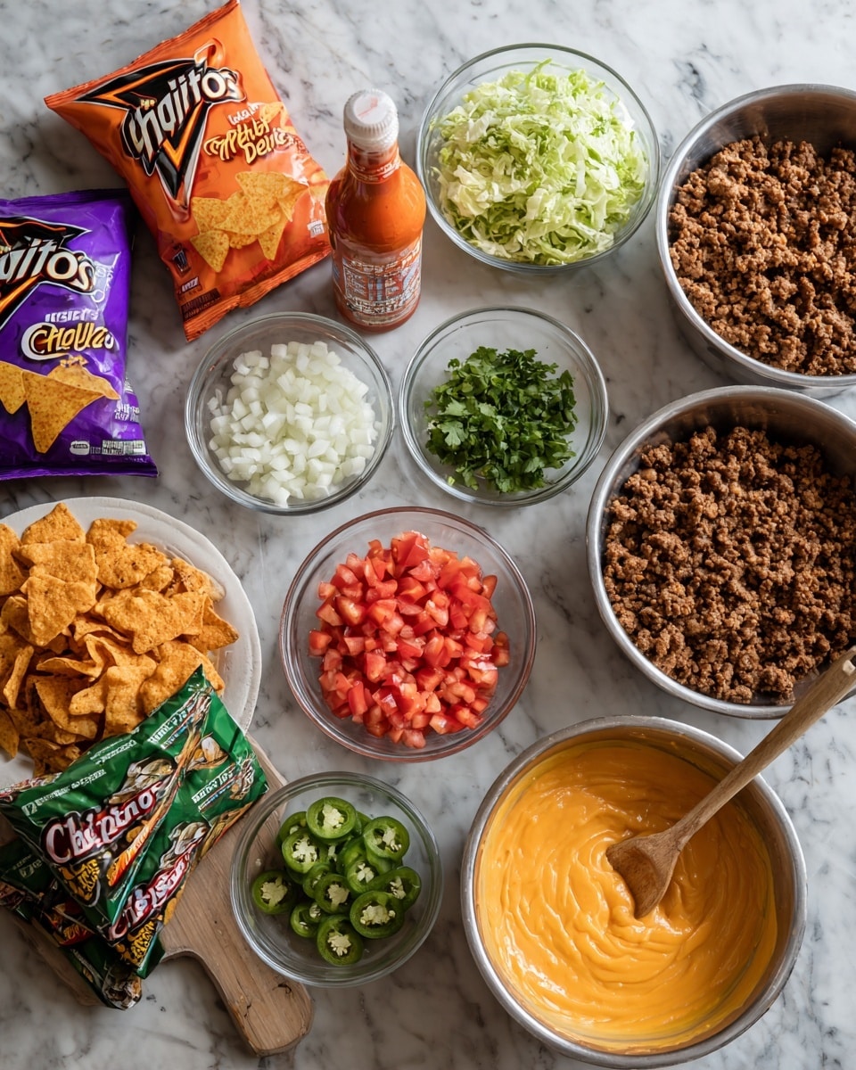 The image shows a variety of ingredients arranged neatly on a white marbled surface. There are several small clear glass bowls with chopped white onions, diced red tomatoes, chopped green cilantro, sliced green onions, shredded pale green lettuce, and sliced jalapeño peppers. Two large silver metal bowls hold browned ground meat and a smooth, creamy yellow cheese sauce, with a wooden spoon resting in the cheese sauce. In the center, a bright orange bottle of hot sauce lies on its side. To the left, bags of colorful chips including orange Cheetos Crunchy Flamin’ Hot, purple and red bags of Doritos Nacho Cheese, a yellow bag of Fritos Original Corn Chips, and a green bag of Cheddar Jalapeno are stacked on a round white plate. The whole setup looks ready for making a layered chip and nacho dish photo taken with an iphone --ar 4:5 --v 7