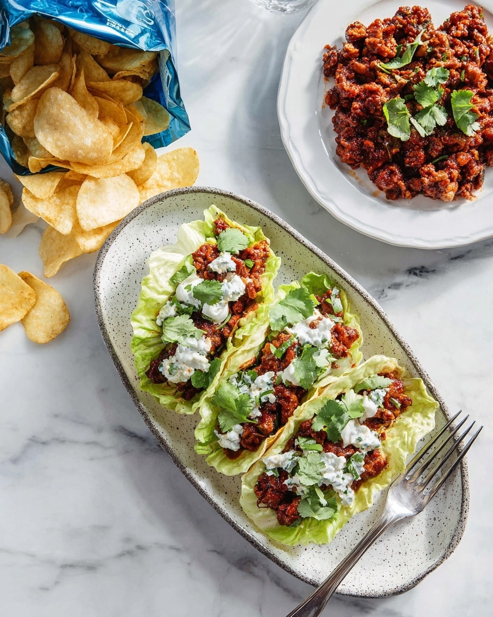 The image shows two open dark chip bags filled with a taco-like dish placed on a white speckled tray on a white marbled surface; each taco has a bottom layer of crispy light green lettuce, followed by a dark reddish-brown saucy ground meat layer, topped with white sour cream and fresh green cilantro leaves scattered on top. To the left, a partially open blue chip bag spills light yellow potato chips onto the white marbled surface, while to the right, a white plate holds a pile of the same saucy ground meat garnished with a few green leaves. A silver fork is placed at the bottom right side of the image. Photo taken with an iphone --ar 4:5 --v 7