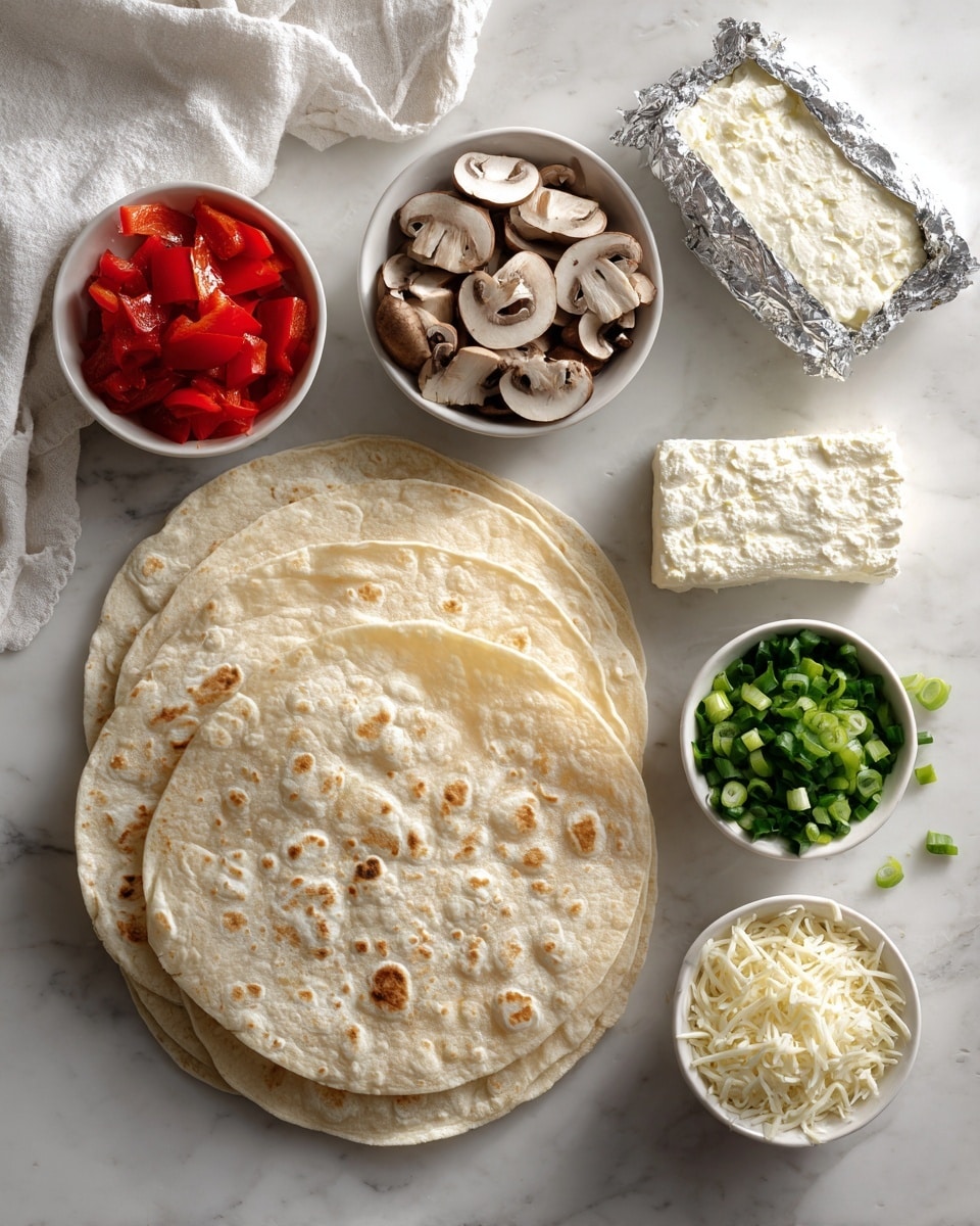 The image shows a white marbled surface with food ingredients neatly arranged. At the bottom left, there are five soft, light-beige tortillas stacked and slightly overlapping. Around the tortillas, there are five small white bowls: one with chopped red bell peppers, one with chopped mushrooms, one with green chopped scallions, and one filled with white grated cheese. There are also two rectangular blocks of cream cheese wrapped in silver foil placed near the top right. A white cloth napkin is partially visible in the top left corner. The setup is clean and organized, with natural light coming from the top left, highlighting the colors and textures of the ingredients. Photo taken with an iphone --ar 4:5 --v 7