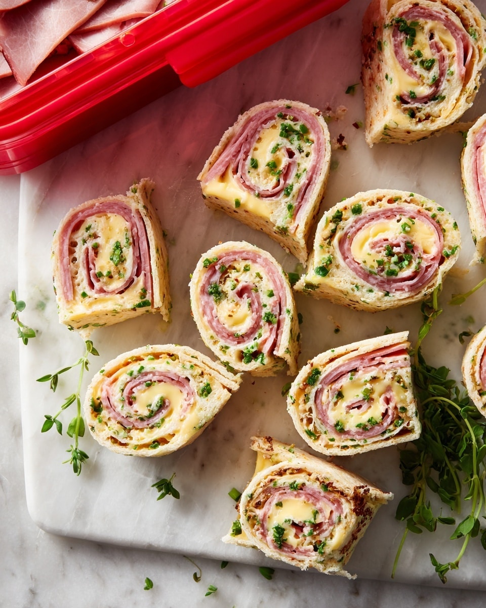 The image shows several small pinwheel sandwiches arranged on a white marbled surface. Each pinwheel is made of a light beige tortilla wrap rolled with multiple layers inside: thin pink slices of deli meat, creamy light yellow cheese, and a spread with tiny green herb bits evenly distributed. The wraps are sliced into bite-sized pieces showing the spiral layers clearly. There are some fresh green herb pieces scattered around the pinwheels on the surface. A red plastic deli meat container with sliced meat inside is partially visible at the top left corner. The light and texture capture the fresh and creamy look of the snack. photo taken with an iphone --ar 4:5 --v 7