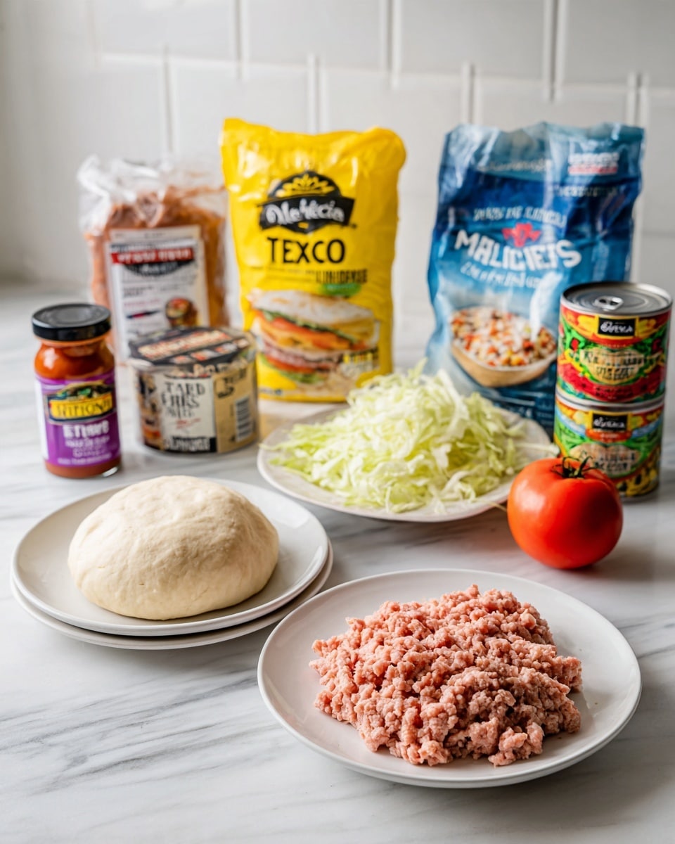 The image shows various taco ingredients placed on a white marbled surface with a white tiled wall background. In the front, there are two white plates side by side: the left plate has a smooth, round ball of pale beige dough, and the right plate holds a pinkish mound of uncooked ground meat with a slightly chunky texture. Behind these plates are packages and containers: a black small container of salsa with purple and white labels to the far left, a yellow packet of taco seasoning mix in the middle, a brown bag labeled Mexican Style Blend cheese behind the seasoning, and a blue and white bag of shredded iceberg lettuce slightly to the back right. Next to the lettuce are two cans—one with a red and white label of refried beans and the other with a colorful olive can design. On the far right is a single red tomato with a small green stem visible. All items are neatly arranged, showing a colorful and fresh collection of taco-making ingredients photo taken with an iphone --ar 4:5 --v 7