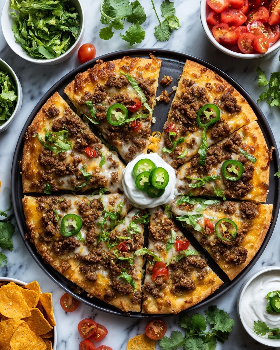A round pizza on a dark pan with eight slices, each slice showing a thick, light golden crust, topped with browned ground meat, melted cheese, small bright green pieces of lettuce, and small red cherry tomato pieces scattered across. The center has a white creamy dollop with five green sliced jalapeño peppers on top. Around the pan are small white bowls with more cherry tomatoes, green lettuce, jalapeño slices, a bowl filled with orange chips, and a bowl of white sauce. The whole scene sits on a white marbled surface with some scattered cilantro leaves and tomatoes. Photo taken with an iphone --ar 4:5 --v 7