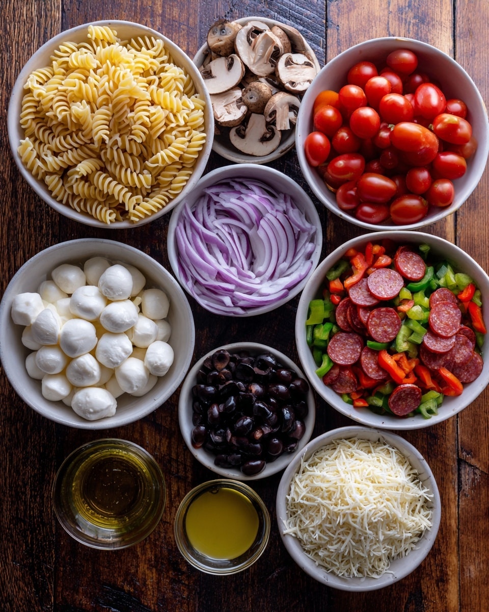 Several white bowls arranged on a dark wooden surface, each filled with different colorful ingredients. The largest bowl on the top left contains pale yellow spiral pasta. To its right is a bowl of bright red cherry tomato halves next to a bowl of sliced brown mushrooms. Below the tomatoes and mushrooms, a small bowl holds dark black olive slices. Beneath the olives, a bowl of thinly sliced purple onion rings. A larger bowl to the right features chopped red and green bell peppers mixed together. Below this is another bowl filled with small round slices of reddish pepperoni. On the left side, a bowl of white mozzarella balls sits near a clear bowl with golden olive oil at the bottom left. The last bowl on the bottom right holds a heap of grated white cheese. All bowls are set on a white marbled surface. photo taken with an iphone --ar 4:5 --v 7