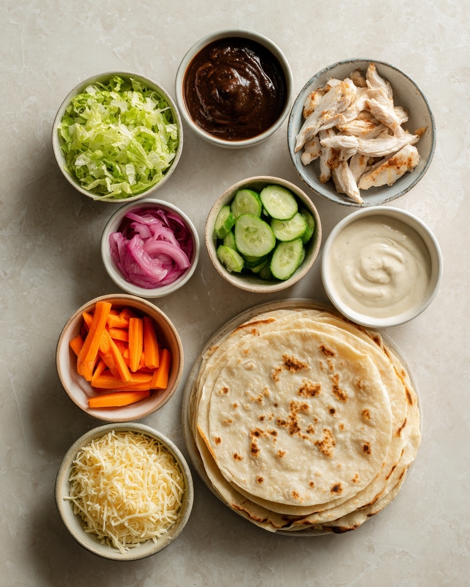 The image shows a flat white marbled surface with seven white bowls arranged around a stack of four light brown tortillas in the center right. Starting from the top left, there is a bowl filled with bright green chopped lettuce, next to it is a bowl with thick dark brown sauce, followed by a bowl of creamy off-white sauce. To the right, a bowl holds two light beige cooked chicken pieces. Below that, a small bowl contains reddish-pink pickled onions. Moving left, another bowl holds fresh orange carrot sticks and green cucumber sticks. Finally, a bowl of finely shredded pale yellow cheese is placed on the bottom left. All elements are neatly arranged and clearly separated, with soft natural lighting — photo taken with an iphone --ar 4:5 --v 7