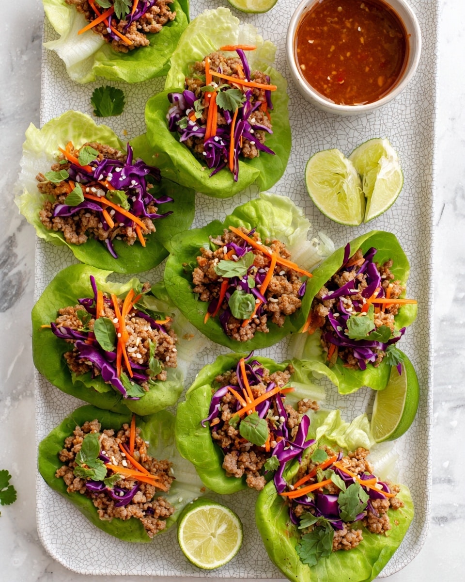 The image shows eight lettuce wraps arranged on a white tray with a cracked texture. Each wrap has a bright green lettuce leaf as the base, topped with a layer of cooked ground meat that is light brown. On top of the meat, there are thin strips of bright orange carrots and purple cabbage, with small green herb leaves scattered across. On the top right of the tray, a small round cup holds a reddish-brown dipping sauce, and nearby are three lime wedges, two cut in halves and one in a quarter. The background is a white marbled texture. photo taken with an iphone --ar 4:5 --v 7