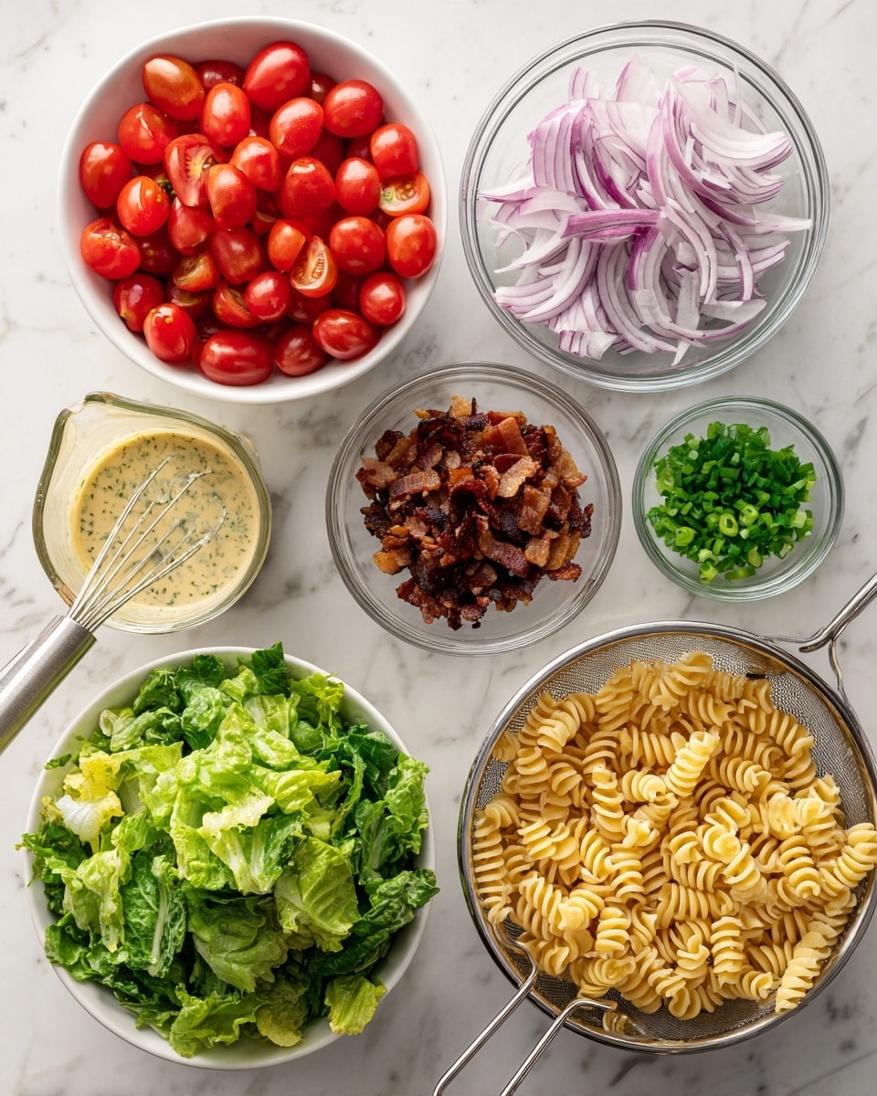 The image shows several ingredients arranged neatly on a white marbled surface. From the top left, there is a white bowl filled with bright red cherry tomatoes, halved to show their juicy insides. Next to it is a small clear glass bowl with thinly sliced purple onions, and to the right bottom, another small clear glass bowl holds freshly chopped green onions. In the center, a small clear glass bowl contains crispy, dark brown bacon pieces. Below that, a white bowl is filled with seasoned golden-brown croutons. On the bottom left, a white bowl is full of fresh, chopped dark green romaine lettuce. On the far left, a clear glass measuring cup holds creamy dressing with herbs, and a silver whisk is inside it. In the bottom right corner, there is a metal colander filled with cooked spiral pasta. Everything sits clean and bright against the white marbled surface, photo taken with an iphone --ar 4:5 --v 7