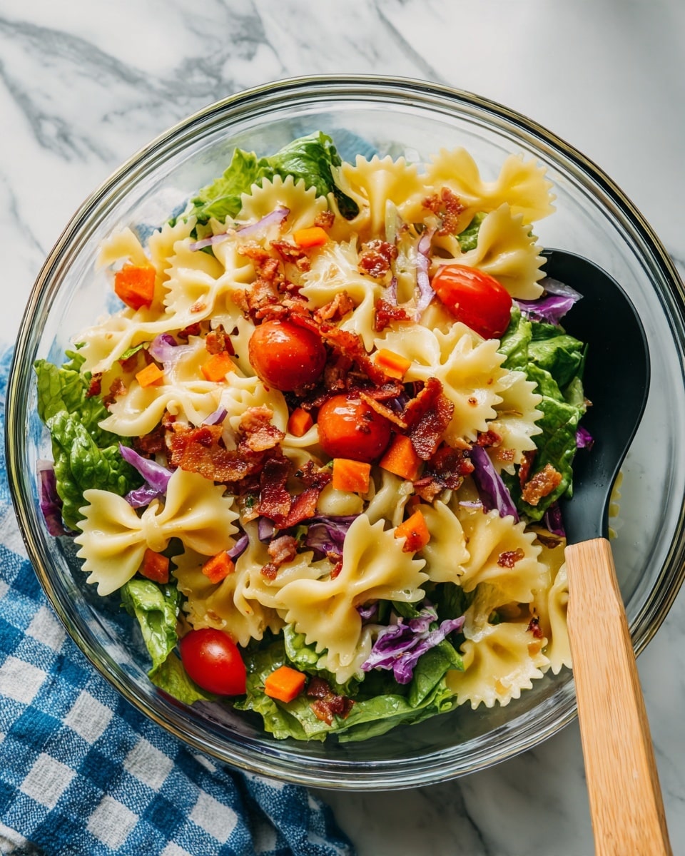 A clear glass bowl holds a fresh salad made of three main layers: the bottom layer is light yellow bowtie pasta with a soft texture; the middle layer has bright green lettuce leaves mixed with small pieces of red onion and orange carrot cubes, adding crunchy texture; the top layer is dotted with halved red cherry tomatoes and sprinkled small bits of brown bacon, creating color contrast and variety. A black spoon with a light wooden handle rests inside the bowl on the right side. The bowl sits on a white marbled surface with a blue and white checkered cloth partially visible beneath it photo taken with an iphone --ar 4:5 --v 7