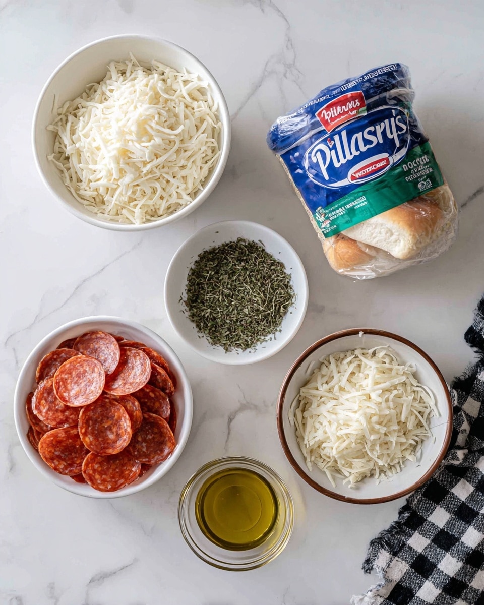 The image shows six items arranged on a white marbled surface. In the top left, there is a white bowl filled with shredded white cheese. Next to it on the right is a smaller white bowl containing green dried herbs. Below the cheese bowl is a blue and green canned biscuit roll package with the Pillsbury logo. To its right is a white bowl with a brown rim holding finely grated cheese. Below the herb bowl, there is a clear glass bowl filled with thin, folded slices of red pepperoni. Next to the pepperoni bowl, on the right, is a small clear glass bowl filled with olive oil. A black and white checkered cloth is partially visible on the right edge. photo taken with an iphone --ar 4:5 --v 7