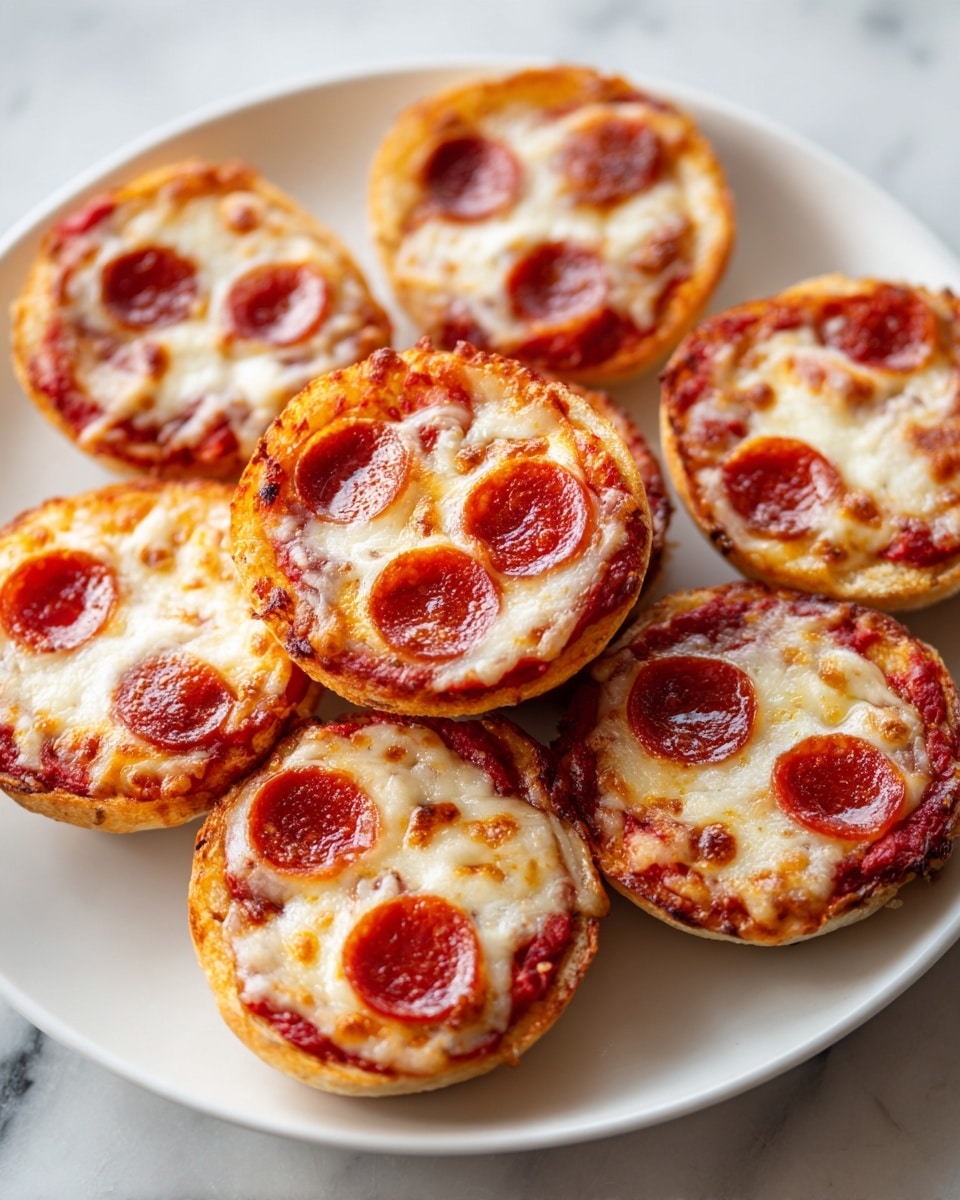 The image shows seven small round mini pizzas arranged close together on a white plate, sitting on a white marbled surface. Each mini pizza has three layers: a golden-brown crust with slightly crisp edges, a layer of red tomato sauce spread evenly on top, and melted white cheese covering the sauce with some golden patches. Small round red pepperoni slices are placed on top of each pizza, usually three on each. The texture of the cheese looks smooth and melted, and the pepperoni slices have a shiny, slightly oily appearance. Photo taken with an iphone --ar 4:5 --v 7