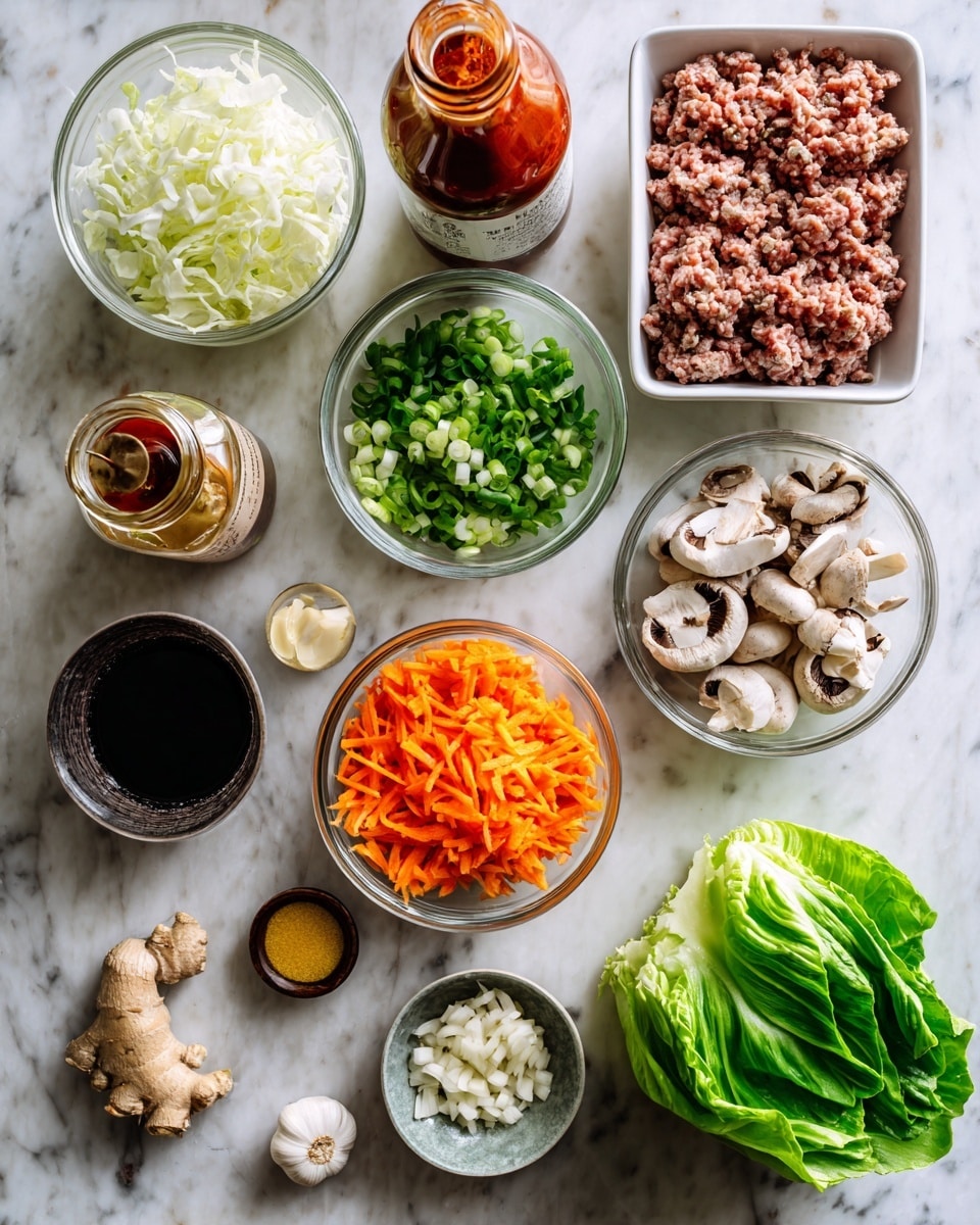 The image shows an overhead view of various fresh ingredients arranged on a white marbled surface. There is a white tray of ground meat at the top right. Next to it is a bottle of red chili sauce and a jar of light-colored honey sauce. Bowls with different chopped vegetables are placed neatly: shredded orange carrots, diced white onions, chopped mushrooms, sliced green onions, and small pieces of garlic. A small piece of ginger is placed near the bottom left next to a dark soy sauce bottle. On the right side, there is a fresh green leaf of lettuce. All items are placed clearly and carefully, with bright colors and sharp textures, photo taken with an iphone --ar 4:5 --v 7