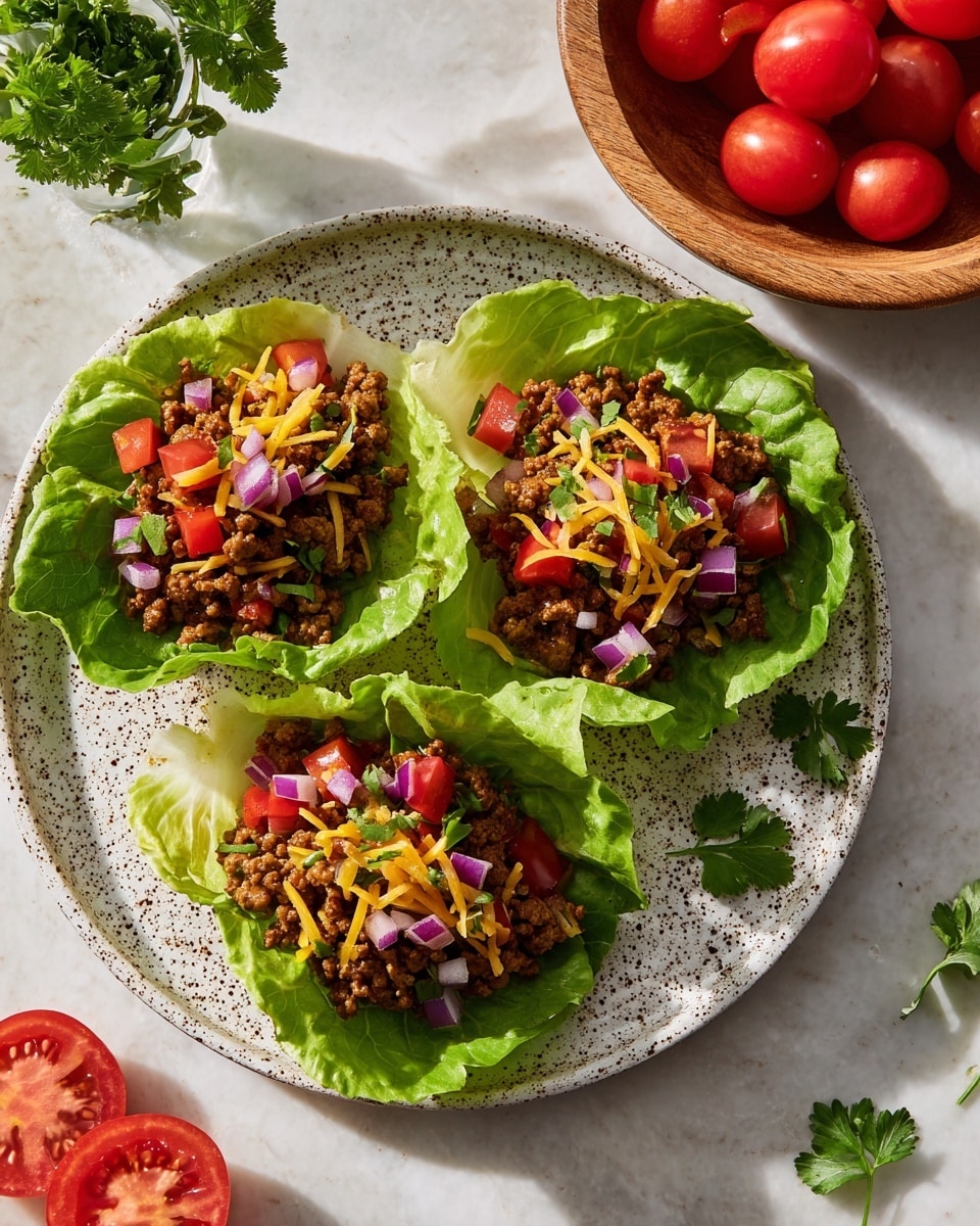 Three taco lettuce cups are placed on a white plate with dark speckles, set on a white marbled surface. Each cup has a green lettuce leaf base, filled with cooked brown ground meat, topped with small red tomato pieces, finely chopped purple onion, yellow shredded cheese, and tiny green pepper bits. A few fresh green parsley leaves decorate the plate near the lettuce cups. To the right, part of a wooden bowl filled with small red tomatoes sits on the white marbled surface, with one sliced tomato nearby. The lighting is soft and natural, highlighting the fresh colors and textures. Photo taken with an iphone --ar 4:5 --v 7