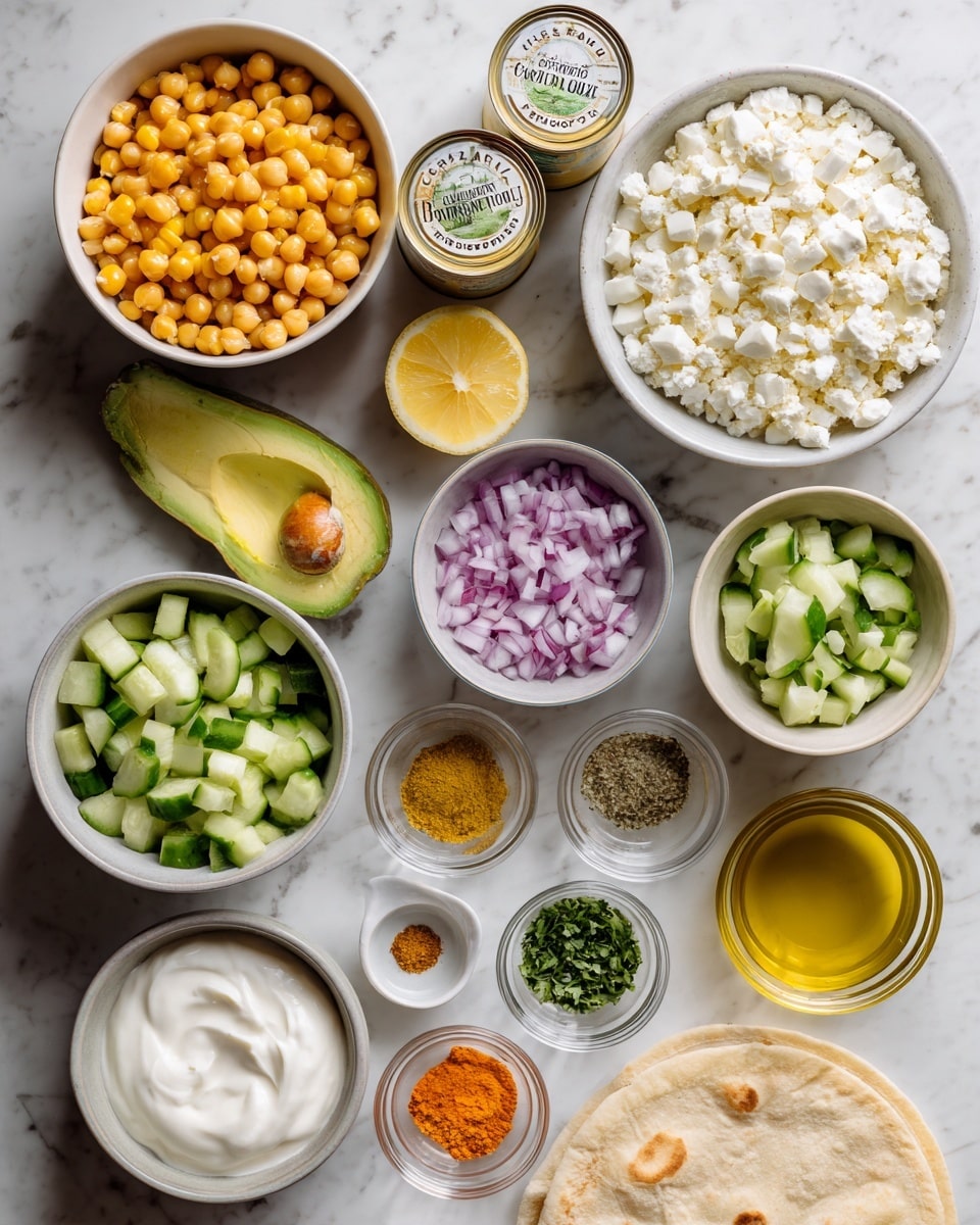 The image shows various ingredients arranged neatly on a white marbled surface, ready for cooking. There are two white bowls filled with yellow corn and chickpeas placed on the left, while a small bowl of chopped cucumbers and crumbled white cheese sits on the right. Two cans of Libby's peas & carrots and sweet corn are placed at the top. In the middle, a tiny bowl of diced red onions is present alongside a half lemon. Nearby, there is a small cup of thick white cream or yogurt, a halved avocado with its seed removed, and several small clear bowls containing a yellow powder, salt and pepper mix, green herbs, and orange spice. A small white bowl holds a golden-yellow liquid, likely oil, while a white flatbread is partially visible at the bottom right corner. Photo taken with an iphone --ar 4:5 --v 7